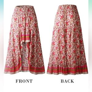 Large Hi Lo Skirt Boho Floral Dress Elastic Waist Split Ruffle Beach Maxi Skirt